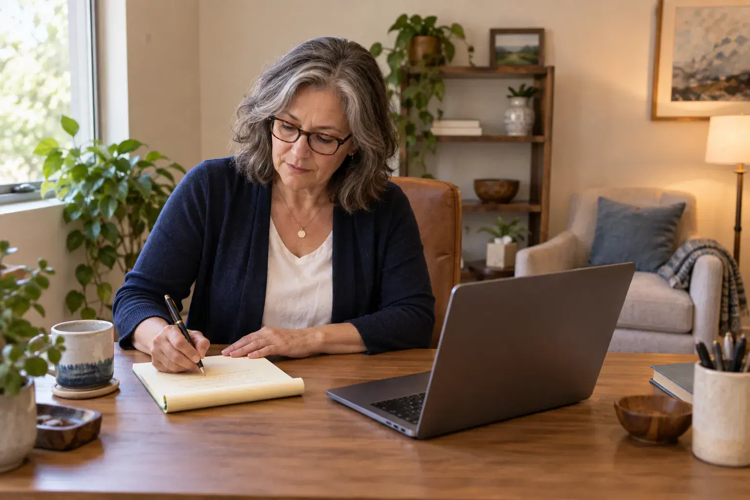 A therapist at her office desk writing a list of search phrases on a notepad beside a laptop