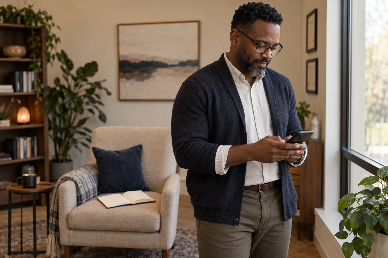 A therapist standing by a window, typing a reply on a phone between sessions